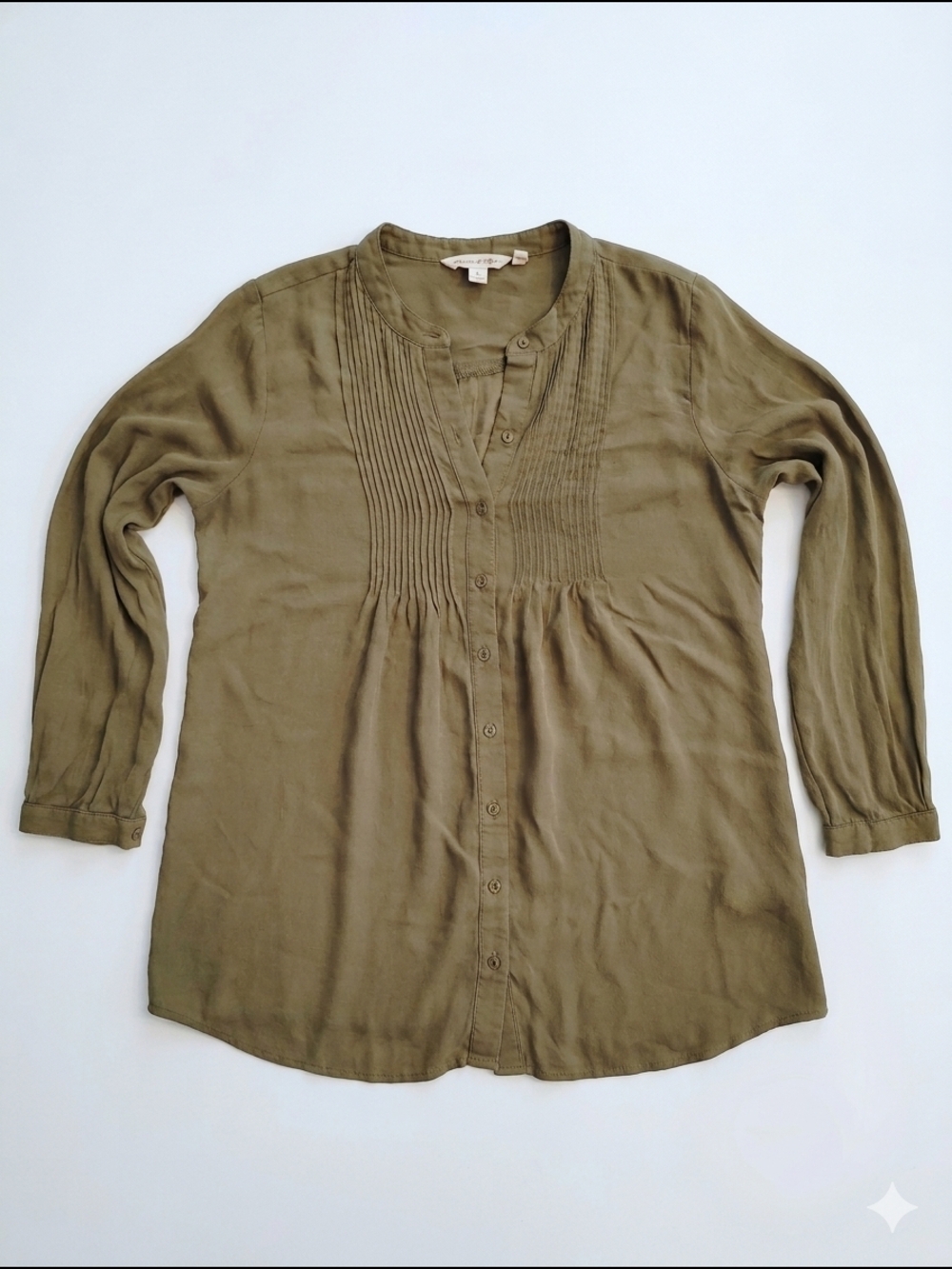 Soft Surroundings Olive Pintuck Button-Down Sheer Tunic Euc Small‎